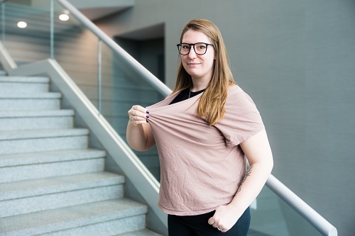 An old shirt illustrates just how much weight Kristina Kropp lost after joining Westchester Medical Center's heart disease prevention program.